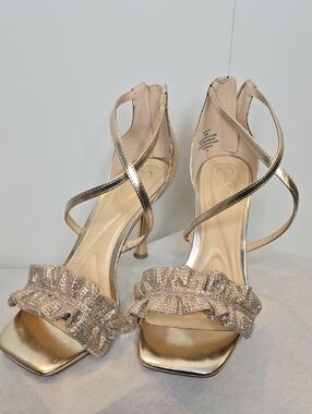 Jessica Simpson Metallic Gold Ruffle Strap Heels